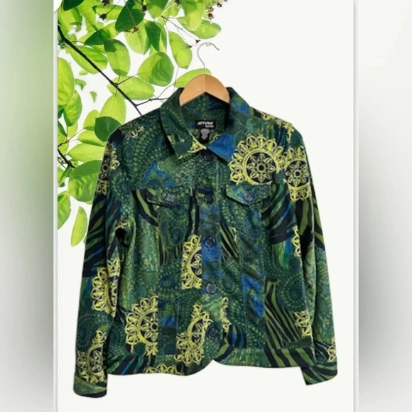 Women's Medium Green Blue Button‎ Jacket Funky Artsy Gothic Animal Print Paisley - Picture 1 of 11